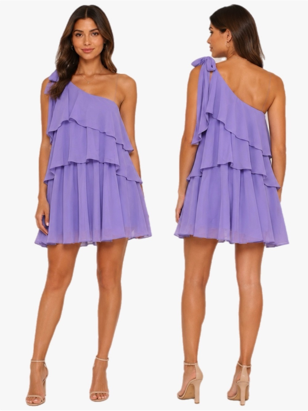 NWT Lavender One Shoulder Ruffle Tiered Chiffon Mini Dress Cocktail Wedding Sz L